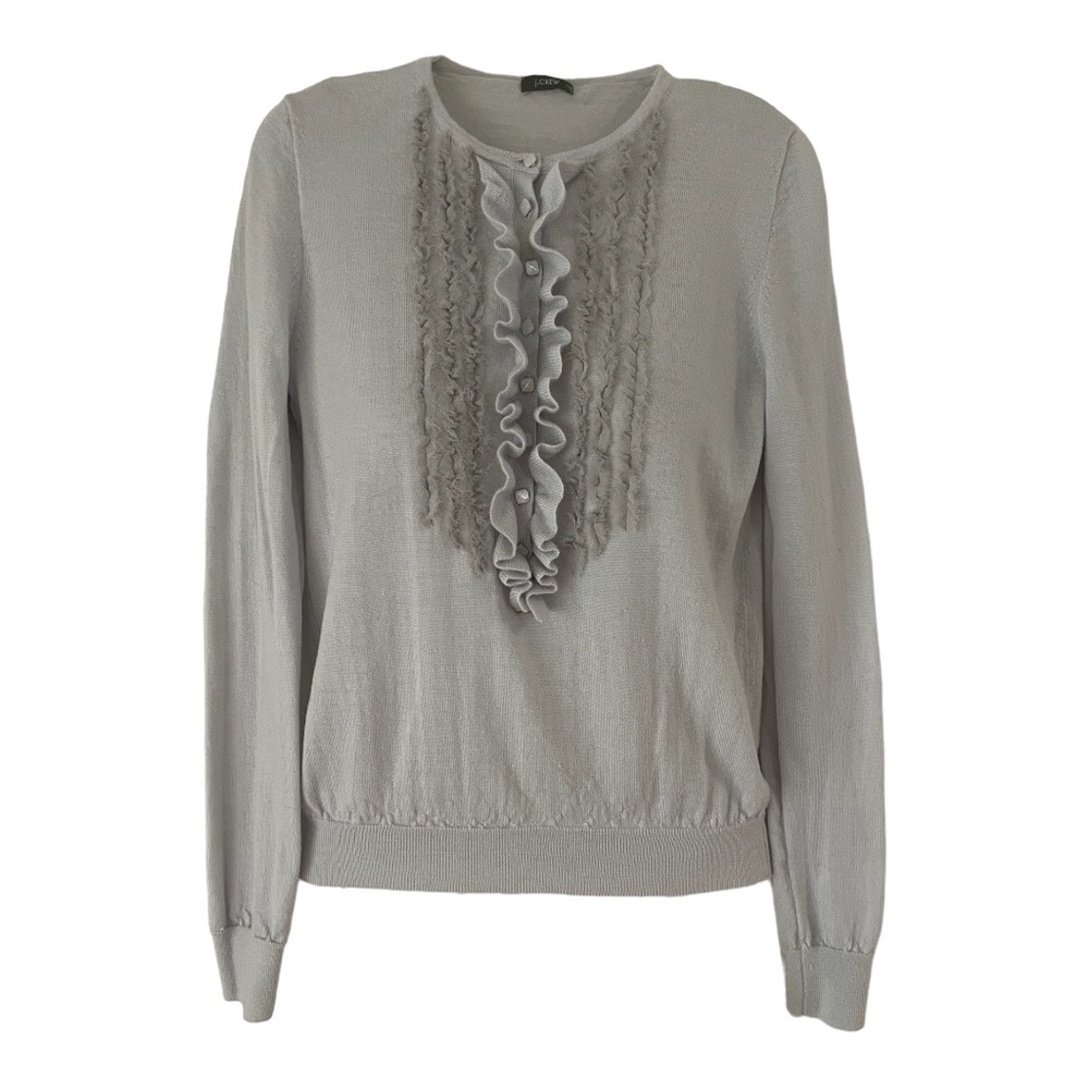 J.CREW Gray RUFFLED Button Front MERINO Wool PULLOVER Sweater sz: XS (preowned)
